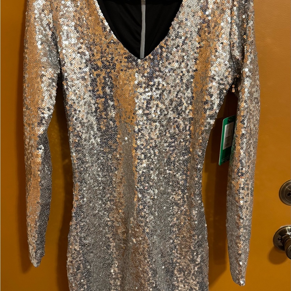 Tipsy Elves Shimmering Silver and Gold Long Sleeve Dress